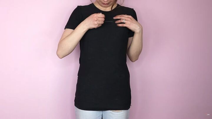 6 unique diy cut out t shirt designs that are quick easy to do, Marking the new neckline