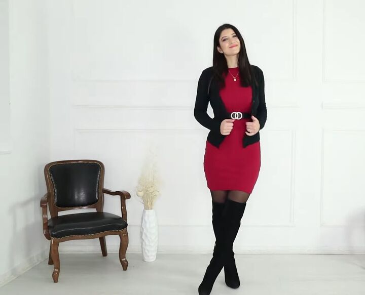 10 cute casual chic red bodycon dress outfits, Red bodycon dress outfit with a cardigan