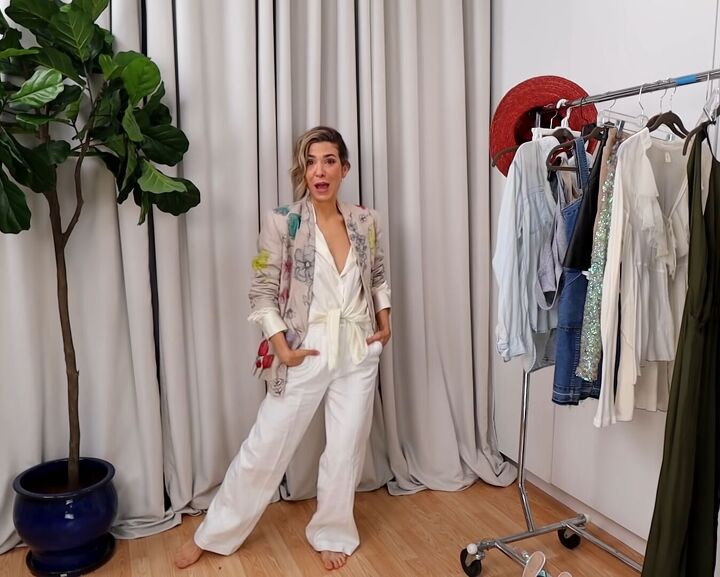 how to create a unique blazer with a diy watercolor fabric technique, DIY blazer with a white outfit