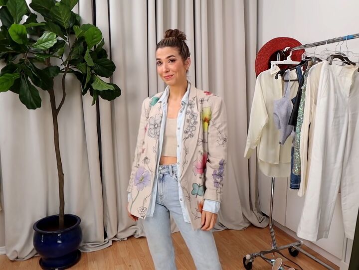 how to create a unique blazer with a diy watercolor fabric technique, DIY blazer with an open shirt