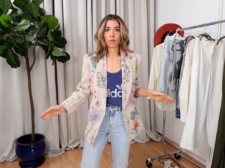 how to create a unique blazer with a diy watercolor fabric technique, How to wear the DIY blazer