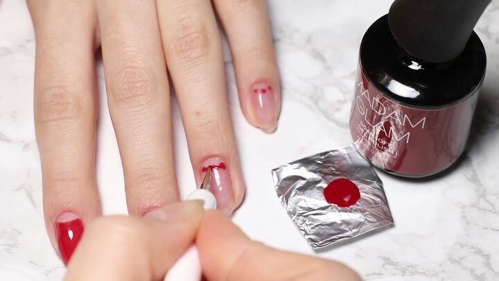 how to do glam dita von teese nails with a red half moon manicure, Filling in the rest of the nails in red