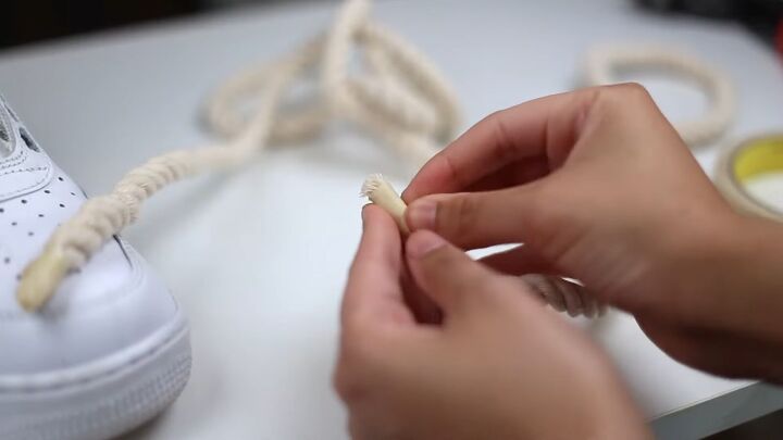 how to make your own shoelaces out of rope faux fur more, Placing tape over the end to help it pass through the holes