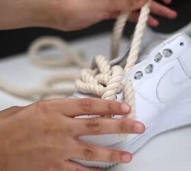 how to make your own shoelaces out of rope faux fur more, Lacing the shoes with rope