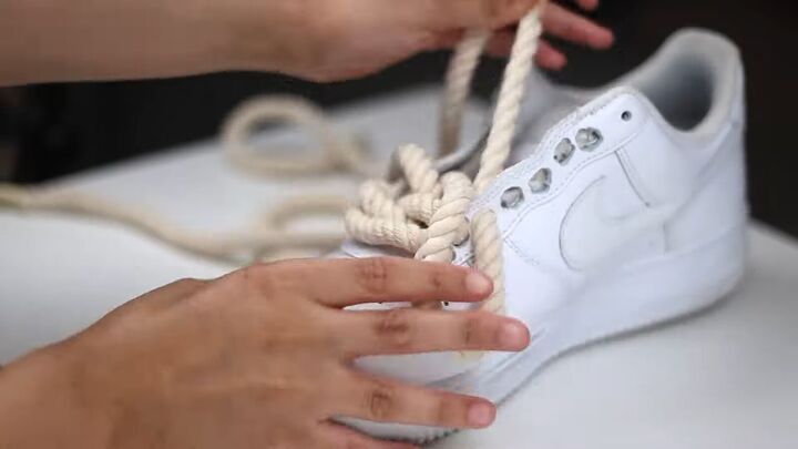 how to make your own shoelaces out of rope faux fur more, Lacing the shoes with rope
