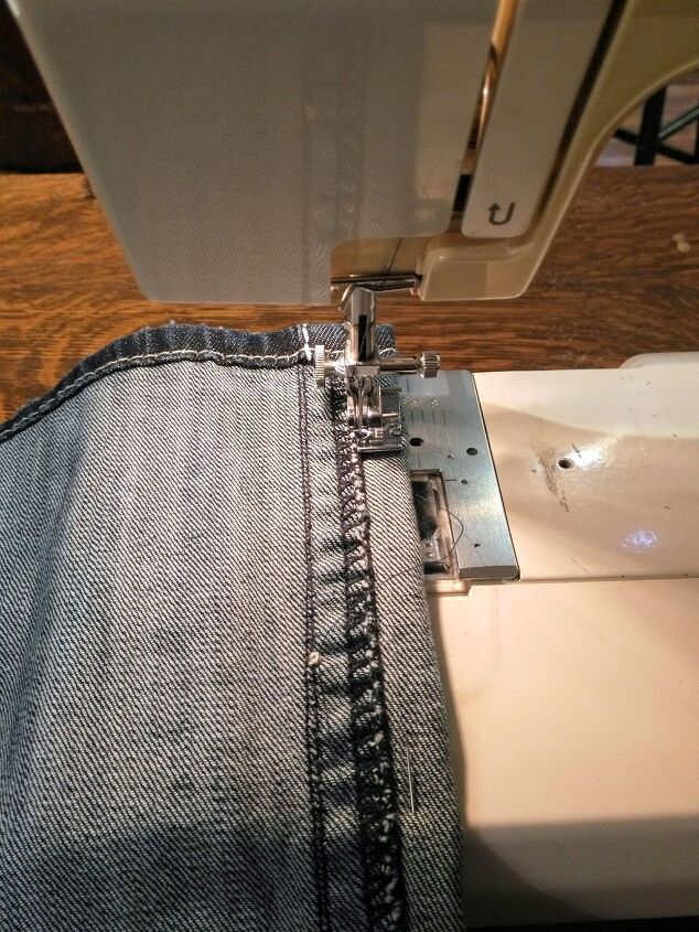 how to straighten bootcut jeans elise s sewing studio, Use a zipper foot to get close to flat felled seam