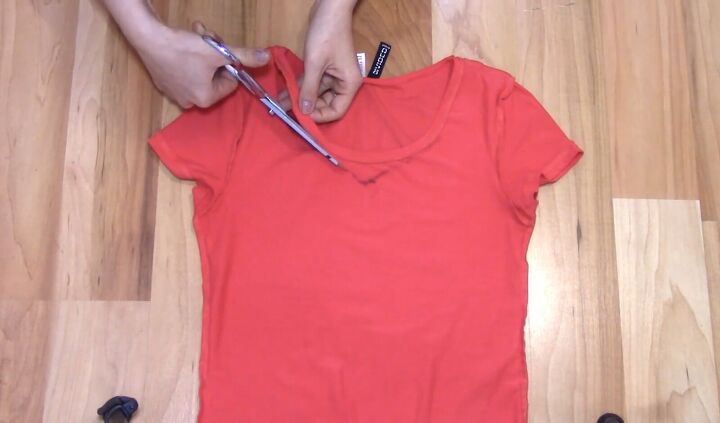 how to cut t shirts into tank tops halter tops in a few easy steps, Cutting the new neckline
