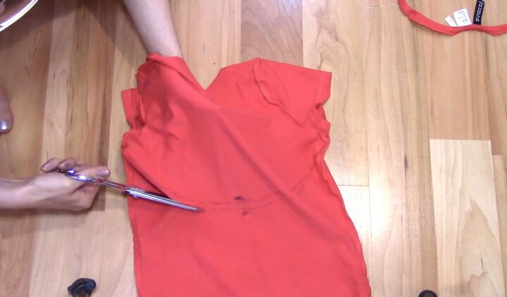how to cut t shirts into tank tops halter tops in a few easy steps, Cutting out the back layer