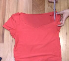 how to cut t shirts into tank tops halter tops in a few easy steps, Cutting the sleeves