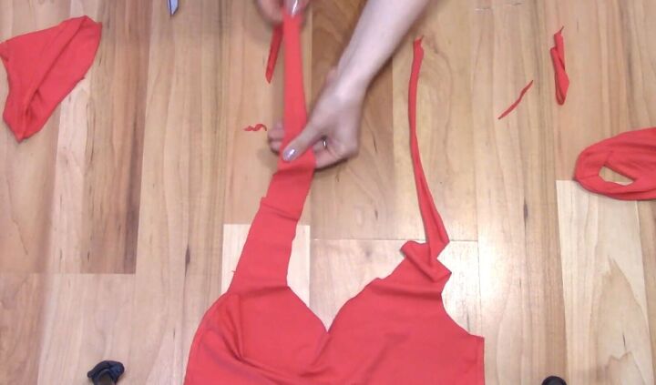 how to cut t shirts into tank tops halter tops in a few easy steps, Stretching the straps