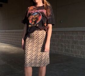 how to make style a cool diy distressed bleached t shirt, Distressed t shirt with a snake print skirt