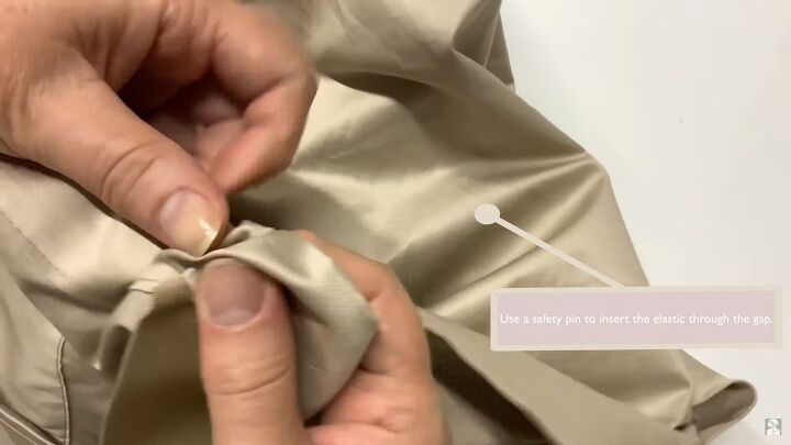 how to sew paperbag waist pants with pockets using a free pattern, Inserting elastic with a safety pin