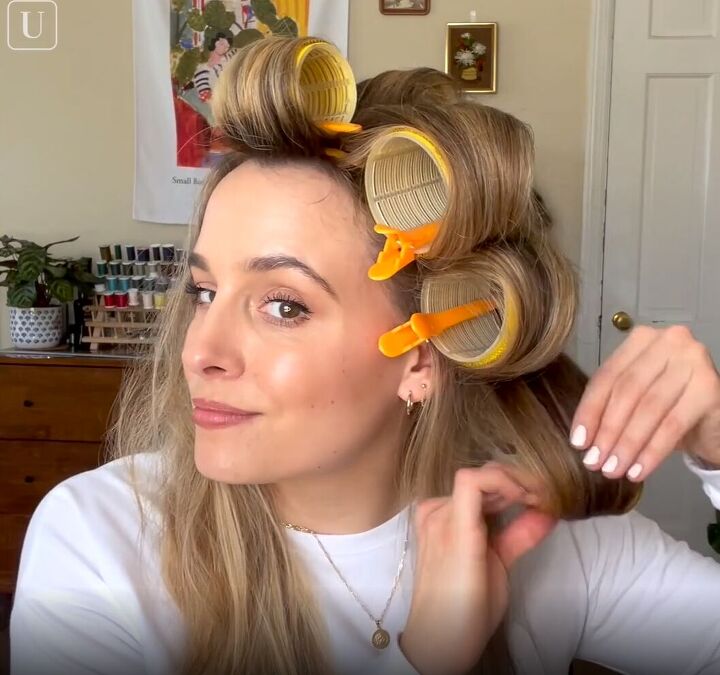 how to use velcro hair rollers to get voluminous bouncy curls, Rolling and clipping to secure