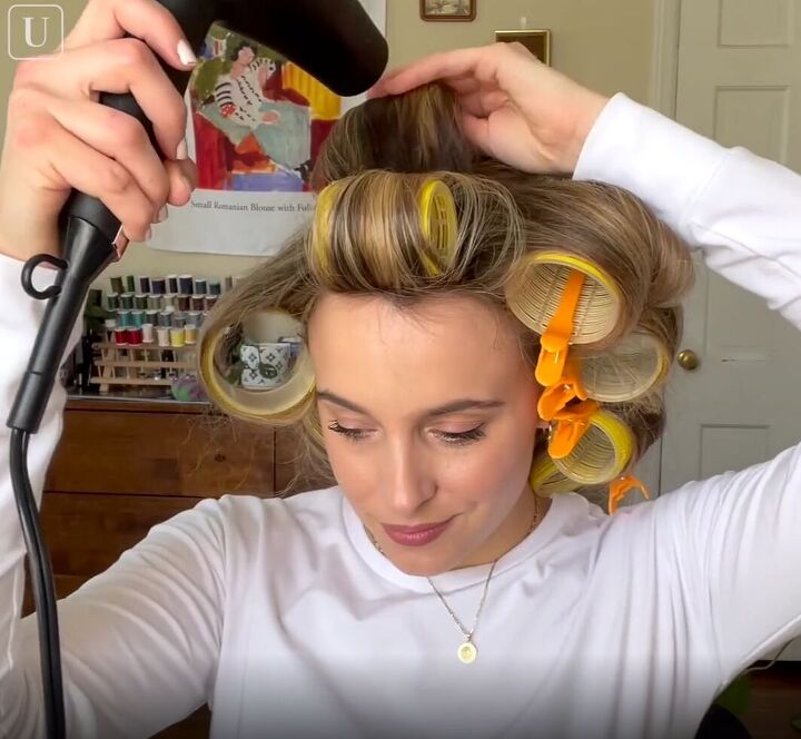 how to use velcro hair rollers to get voluminous bouncy curls, Adding some heat with a hairdryer