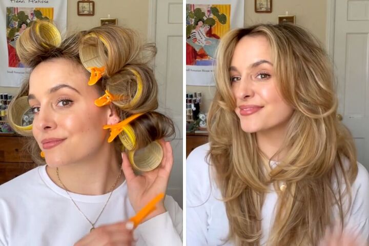 how to use velcro hair rollers to get voluminous bouncy curls, Velcro hair rollers before and after