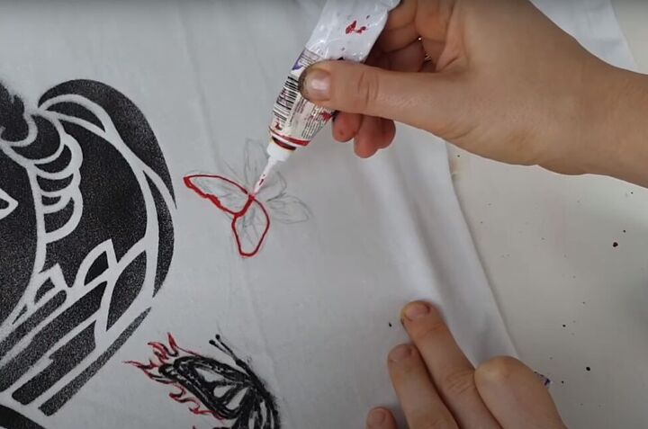 how to use stencils on clothing to create unique custom designs, Using dimensional fabric paint