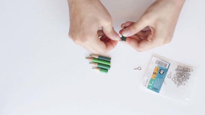 3 cute pieces of diy jewelry made from colored pencils, Attaching screw hooks to the end pencils