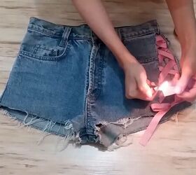 how to make diy lace up shorts without eyelets in just 10 minutes, Tying the ribbon ends in a bow