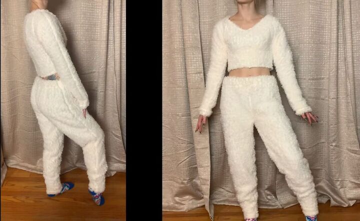 how to make a cozy fuzzy diy two piece set out of sherpa fabric, DIY fuzzy two piece set