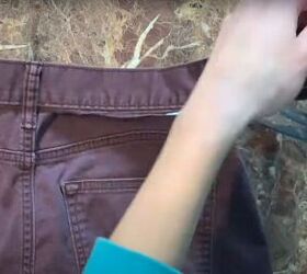 how to easily make a cute diy overall dress out of old pants, Cutting off the pants waistband