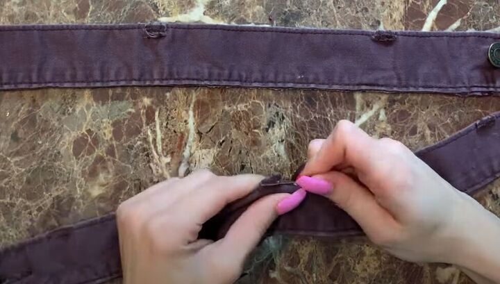 how to easily make a cute diy overall dress out of old pants, Cutting off the belt loops