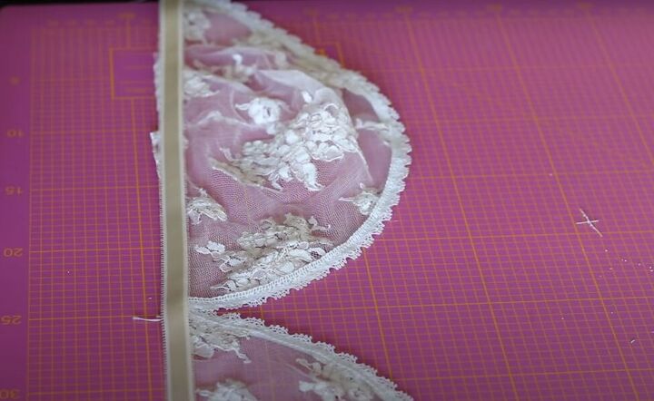 how to make a delicate bralette out of leftover bridal lace, Joining the cups with lingerie elastic