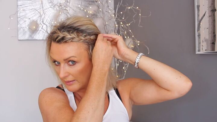 4 quick easy workout hairstyles for shoulder length hair, Pinning the braid under the hair