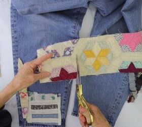 how to make cute patchwork jeans out of old fabric scraps, Cutting scraps to size