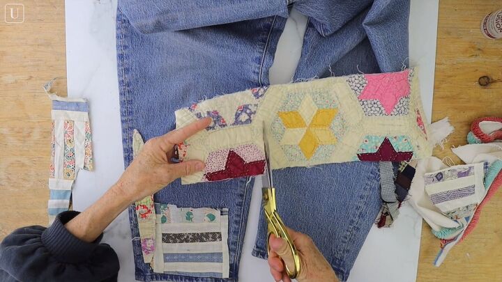 how to make cute patchwork jeans out of old fabric scraps, Cutting scraps to size