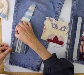how to make cute patchwork jeans out of old fabric scraps, Add patchworks designs to the jeans
