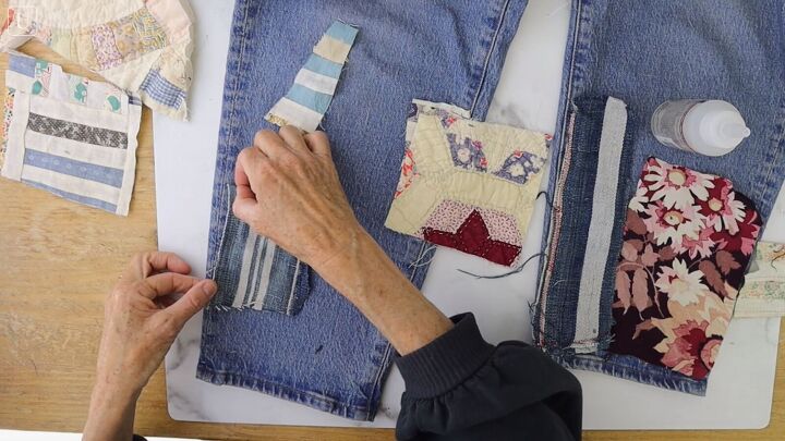 how to make cute patchwork jeans out of old fabric scraps, Add patchworks designs to the jeans