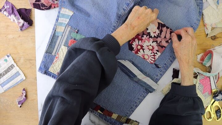 how to make cute patchwork jeans out of old fabric scraps, Making cute patchwork jeans
