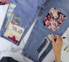 how to make cute patchwork jeans out of old fabric scraps, Using fabric scraps to make patchwork jeans