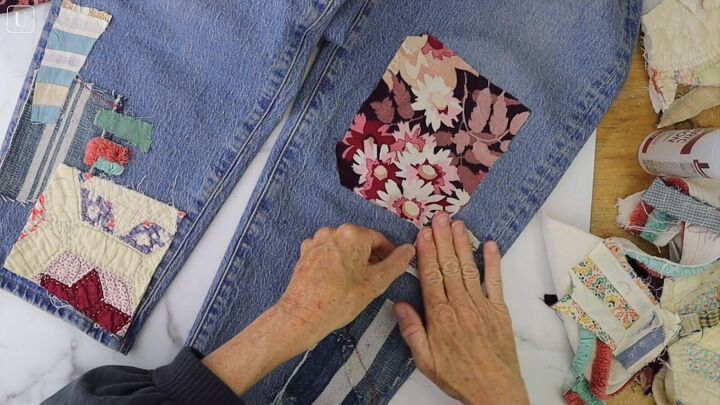 how to make cute patchwork jeans out of old fabric scraps, Jeans makeover