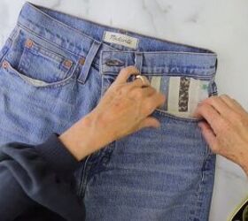 how to make cute patchwork jeans out of old fabric scraps, Adding patches to the pockets