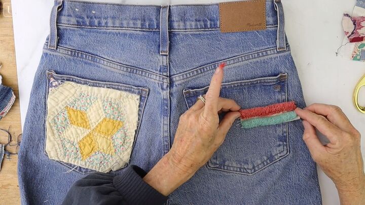 how to make cute patchwork jeans out of old fabric scraps, Customizing old jeans