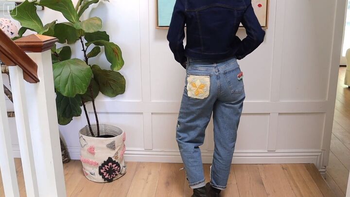 how to make cute patchwork jeans out of old fabric scraps, Back of the DIY patchwork jeans