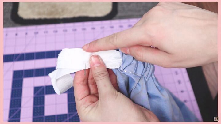 how to make a skirt out of a shirt in 7 simple steps, Threading the elastic through and pinning the ends