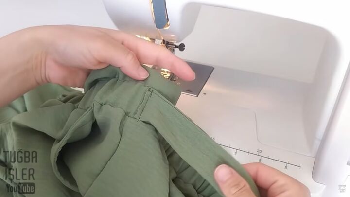how to make easy sew palazzo pants without using a pattern, Sewing the end of the tie to the pants