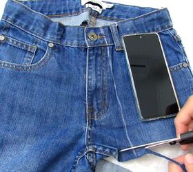 how to make a cute diy cell phone bag out of jean pockets, Cutting the shape for the phone bag