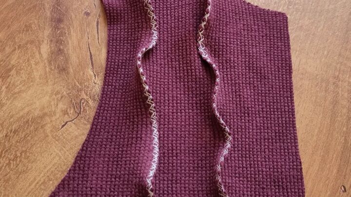 how to make your own cardigan mini dress from old men s clothes, Overlocking to create exposed seams