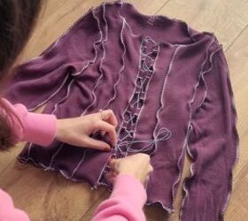 how to make your own cardigan mini dress from old men s clothes, Feeding the elastic through the loops