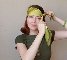 3 retro summer headscarf styles inspired by the 1960s 1970s, Tying the first scarf around the head