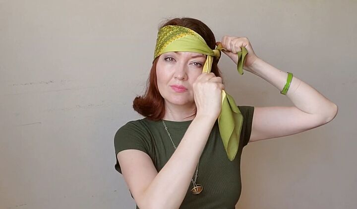 3 retro summer headscarf styles inspired by the 1960s 1970s, Tying the first scarf around the head