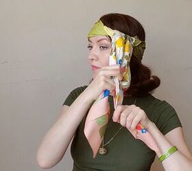 3 retro summer headscarf styles inspired by the 1960s 1970s, Tying the second scarf around the head