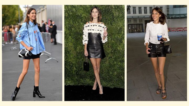 how to emulate alexa chung s style fashion tips outfit ideas, Wearing leather bottoms with a feminine blouse