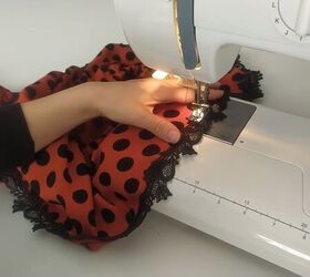 how to make a bardot dress with a cute off the shoulder ruffle, Sewing lace tri to the bottom of the ruffle