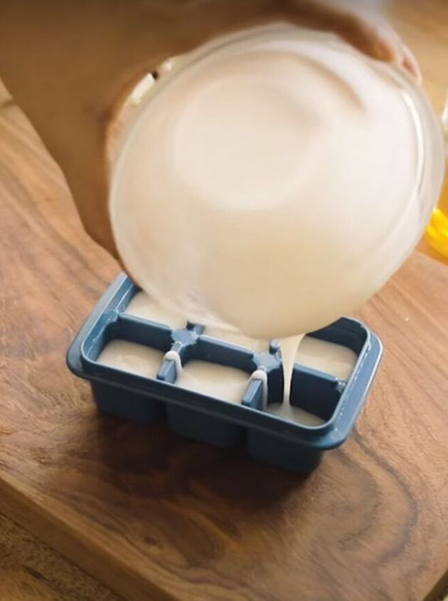 how to make diy rice conditioner at home in a few simple steps, Pouring the rice conditioner into an ice cube tray