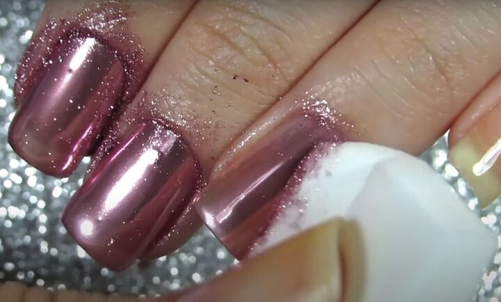 how to easily do rose gold chrome nails with powder instead of polish, Applying rose gold chrome nail powder