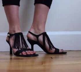 upgrade your strappy sandals with this easy fringe heels diy, Black fringe shoes